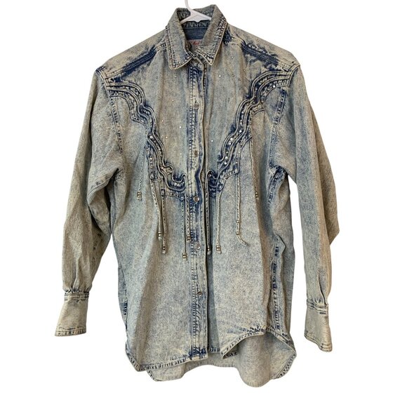 VTG Cowgirl Medium Denim Western Fringe Shirt Bling Acid Wash Cotton RA10050 - Picture 3 of 11